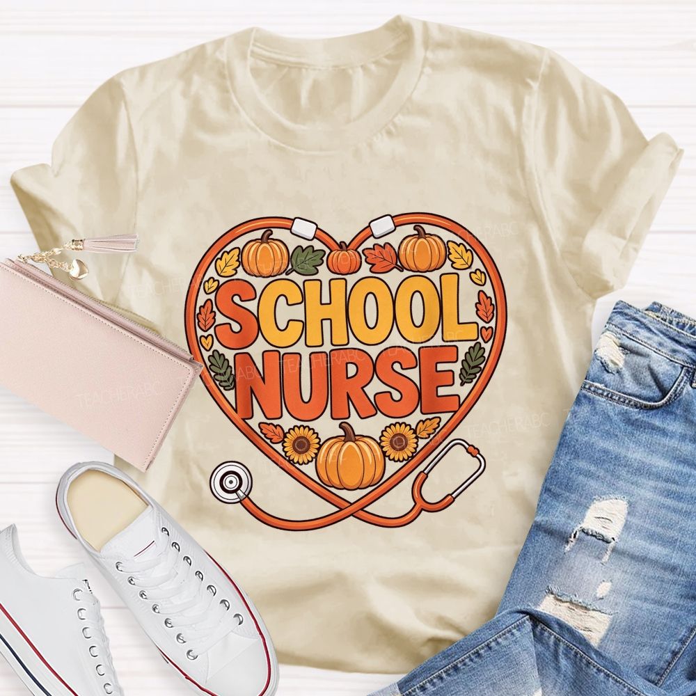 Fall School Nurse Heart Stethoscope Pumpkin Sunflower T-shirt