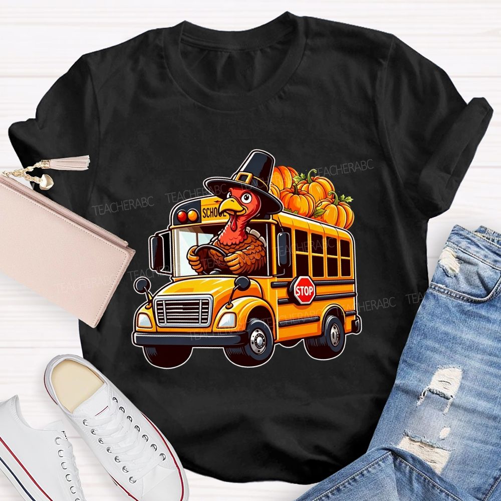 Thanksgiving Turkey Driving School Bus Fall Vibes T-shirt