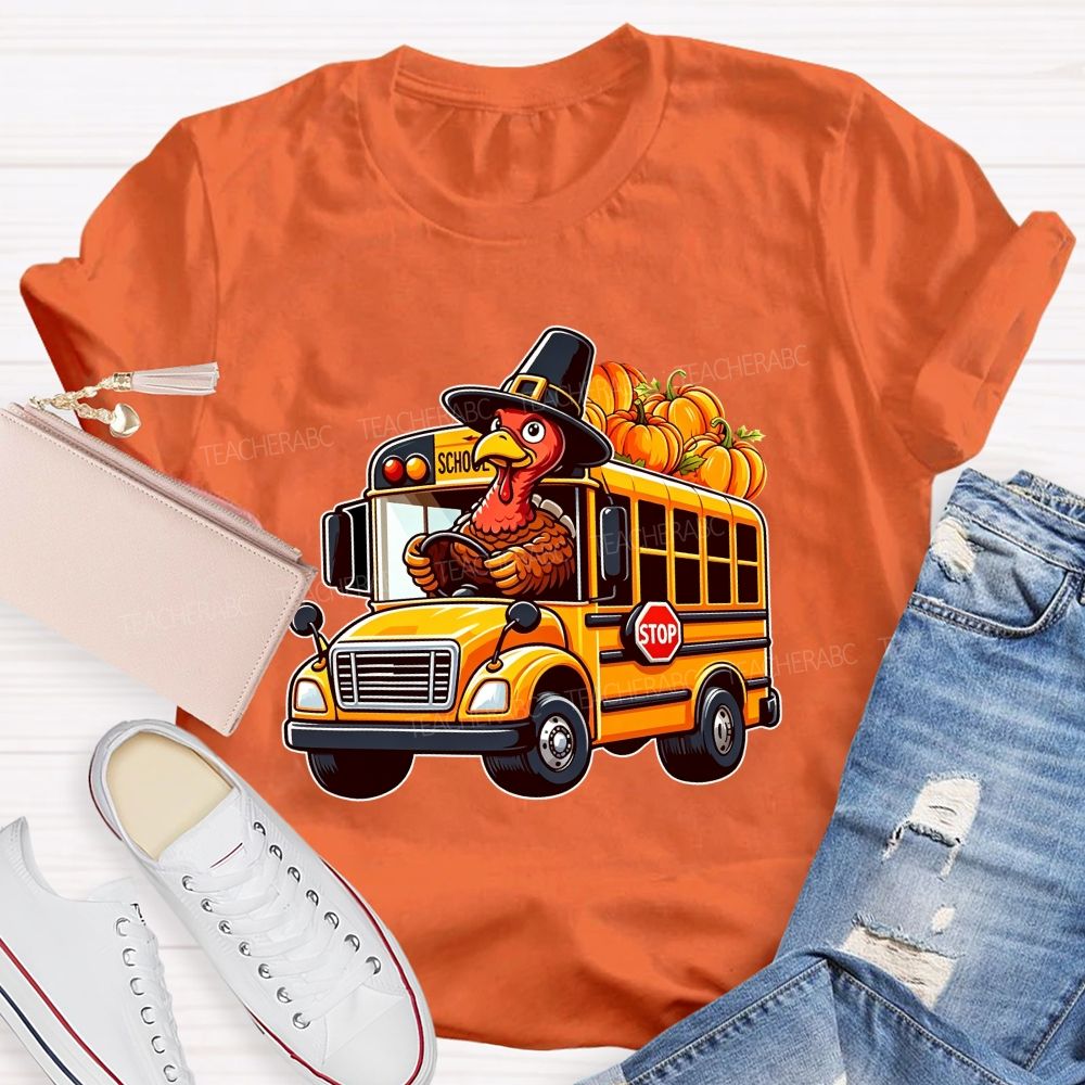 Thanksgiving Turkey Driving School Bus Fall Vibes T-shirt
