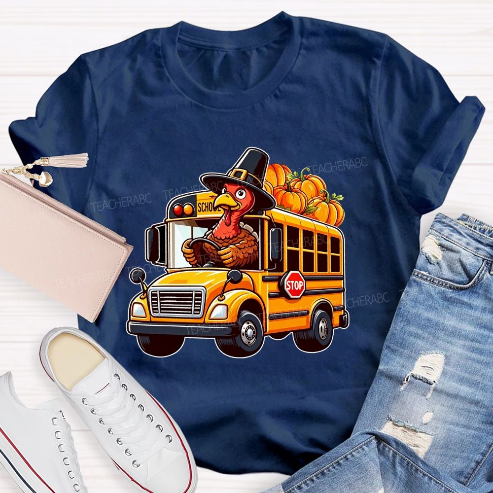 Thanksgiving Turkey Driving School Bus Fall Vibes T-shirt