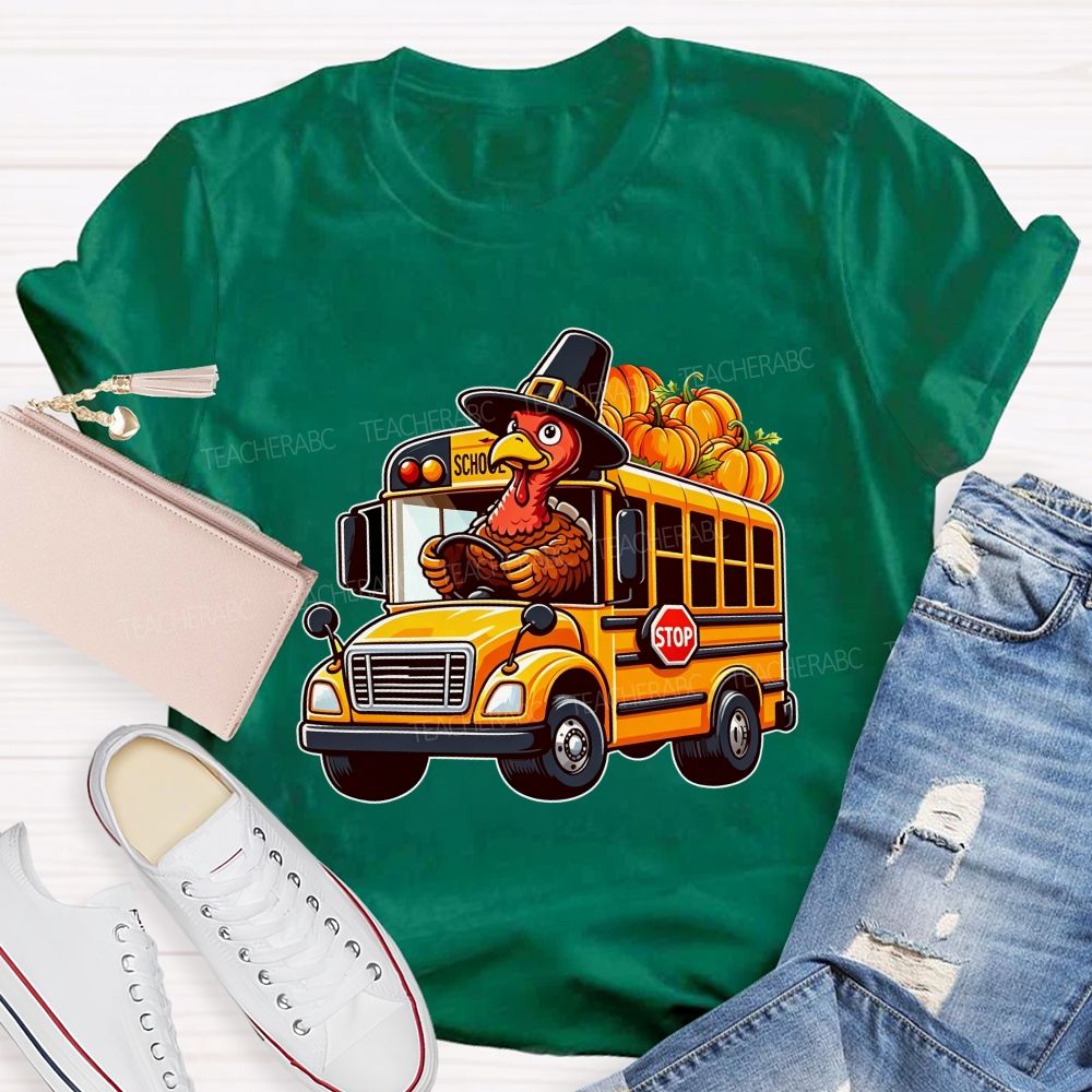 Thanksgiving Turkey Driving School Bus Fall Vibes T-shirt