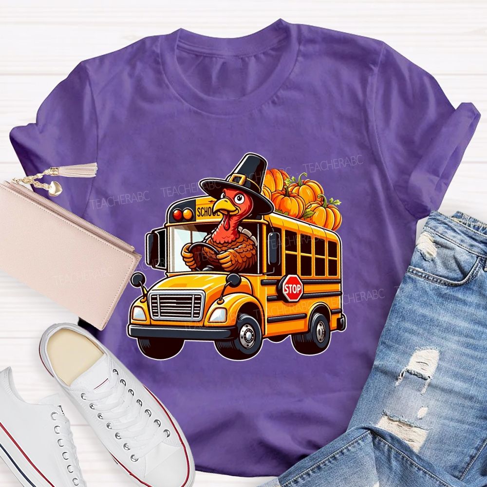 Thanksgiving Turkey Driving School Bus Fall Vibes T-shirt
