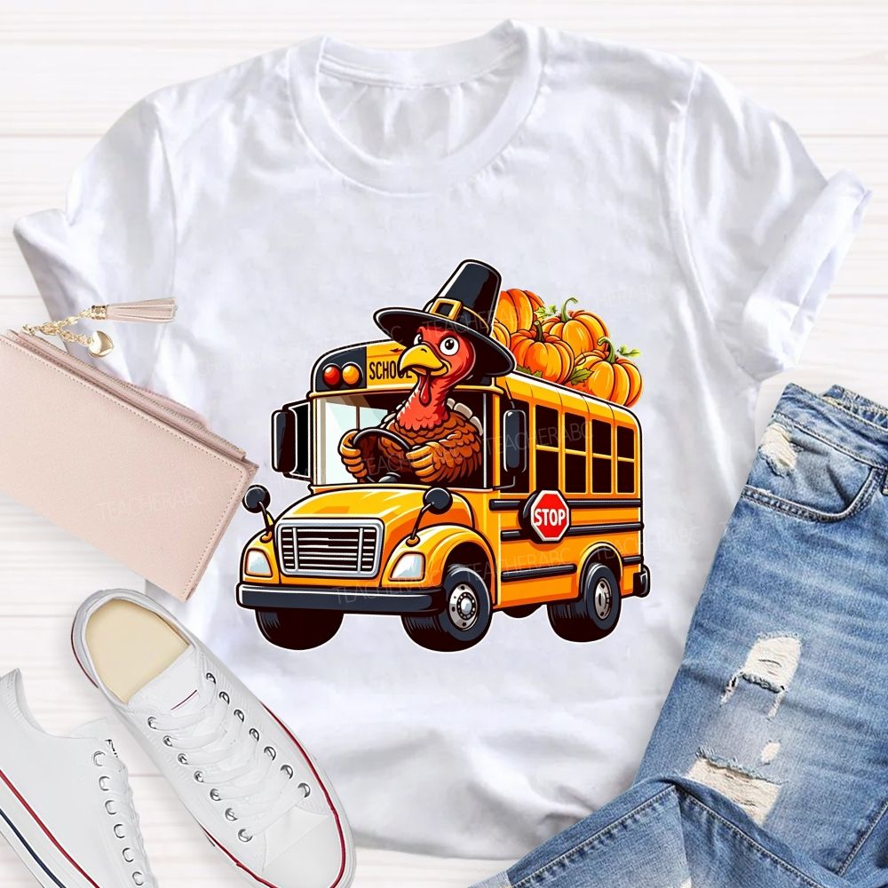 Thanksgiving Turkey Driving School Bus Fall Vibes T-shirt