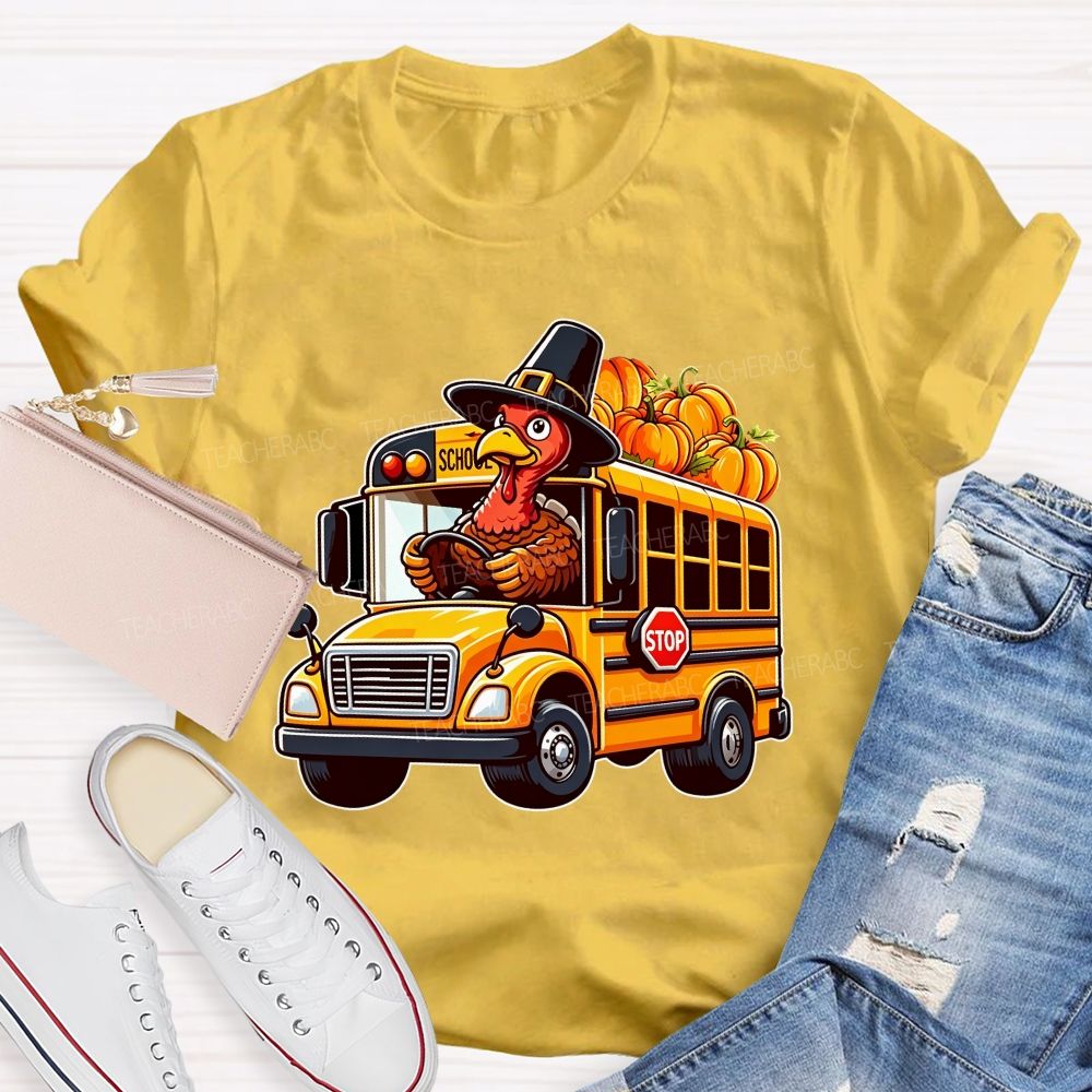 Thanksgiving Turkey Driving School Bus Fall Vibes T-shirt