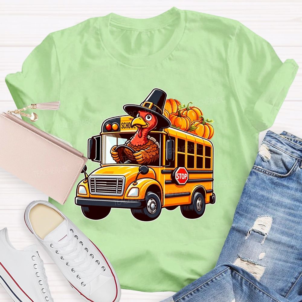 Thanksgiving Turkey Driving School Bus Fall Vibes T-shirt