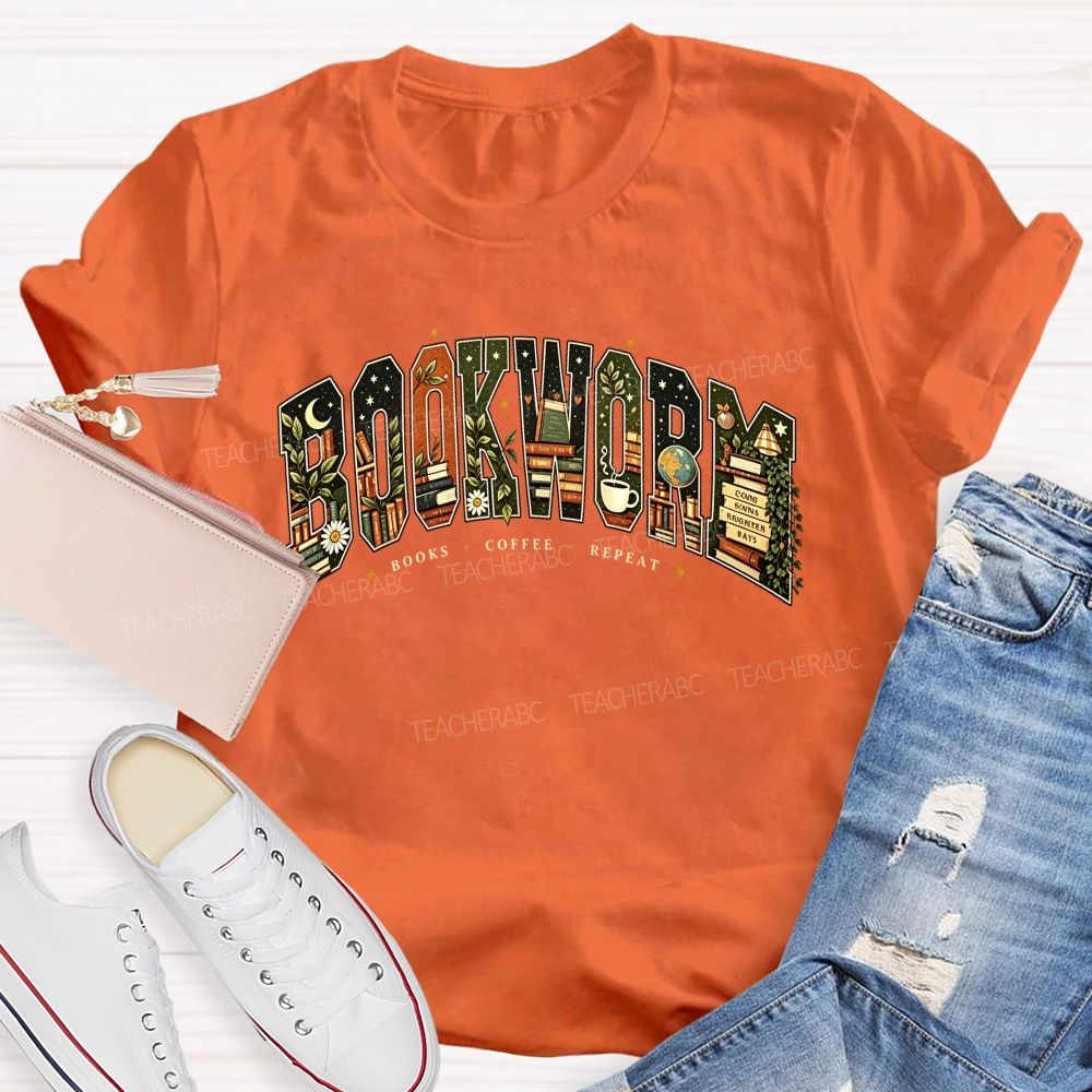 Bookworm Books Coffee Repeat Letter Book Lover Teacher T-shirt