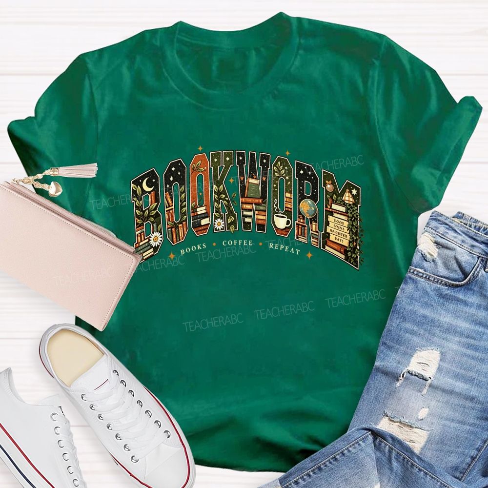 Bookworm Books Coffee Repeat Letter Book Lover Teacher T-shirt