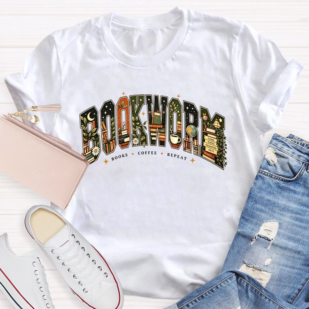 Bookworm Books Coffee Repeat Letter Book Lover Teacher T-shirt
