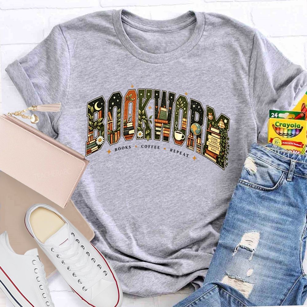 Bookworm Books Coffee Repeat Letter Book Lover Teacher T-shirt