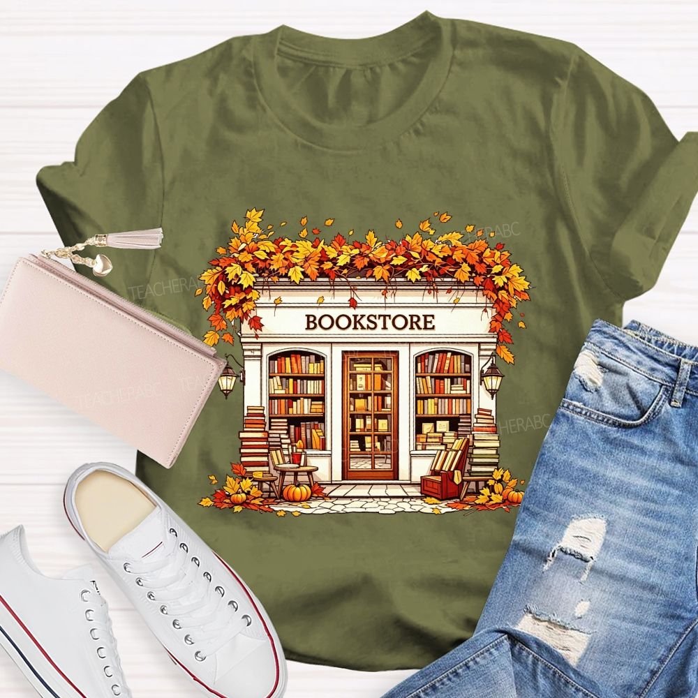 Fall Autumn Bookstore Building Maple Leaves Pumpkin Book Lover Teacher T-shirt