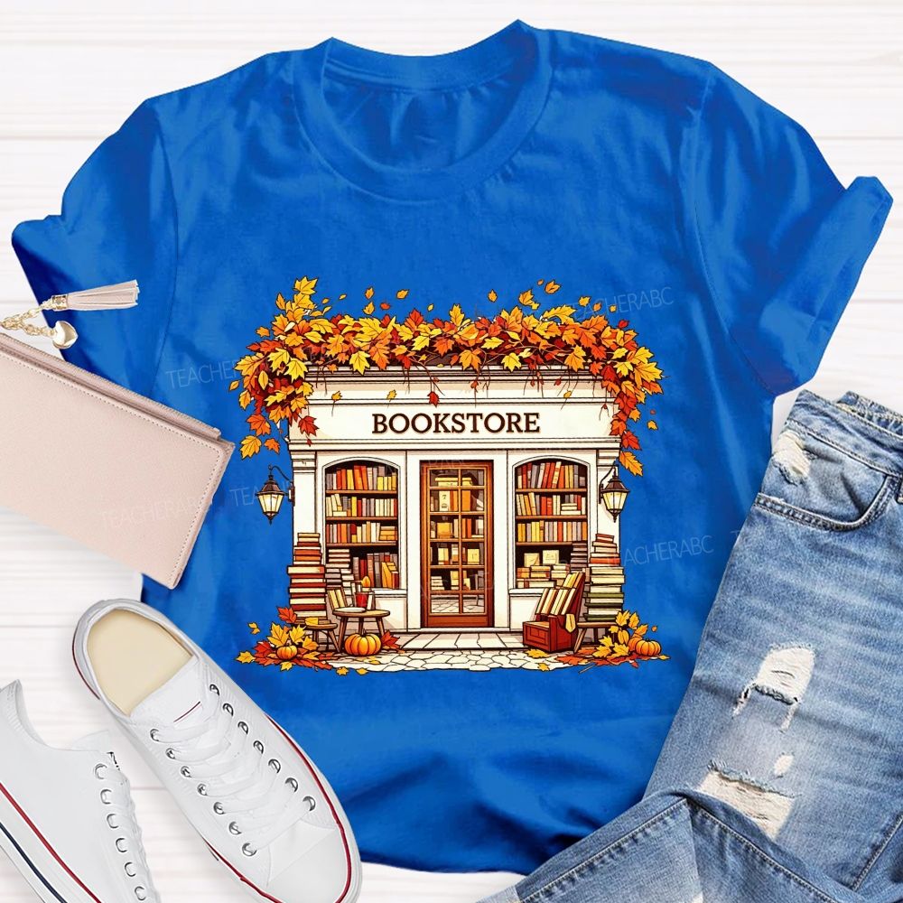 Fall Autumn Bookstore Building Maple Leaves Pumpkin Book Lover Teacher T-shirt