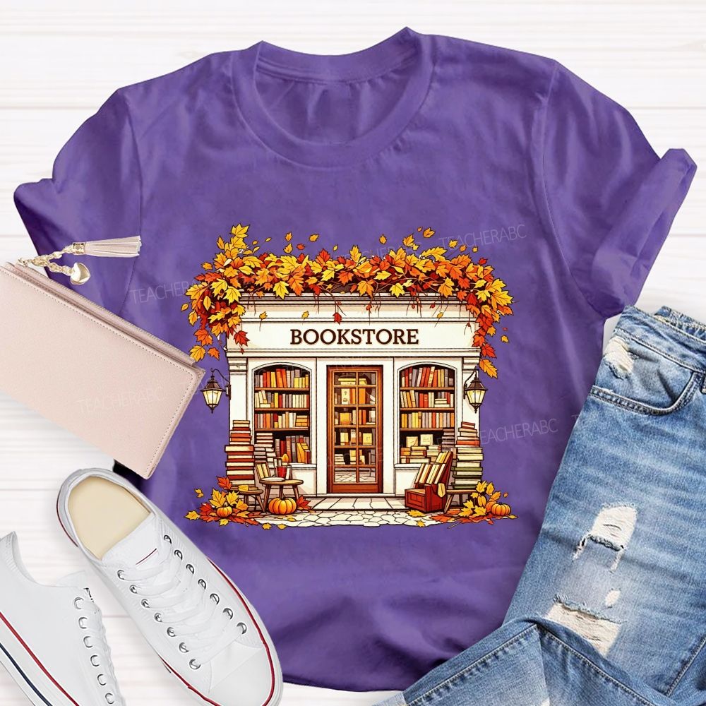 Fall Autumn Bookstore Building Maple Leaves Pumpkin Book Lover Teacher T-shirt
