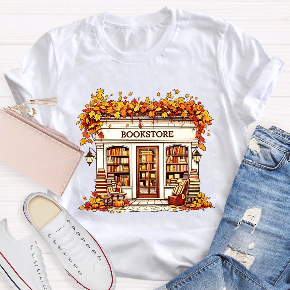 Fall Autumn Bookstore Building Maple Leaves Pumpkin Book Lover Teacher T-shirt