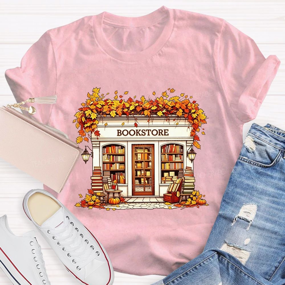 Fall Autumn Bookstore Building Maple Leaves Pumpkin Book Lover Teacher T-shirt