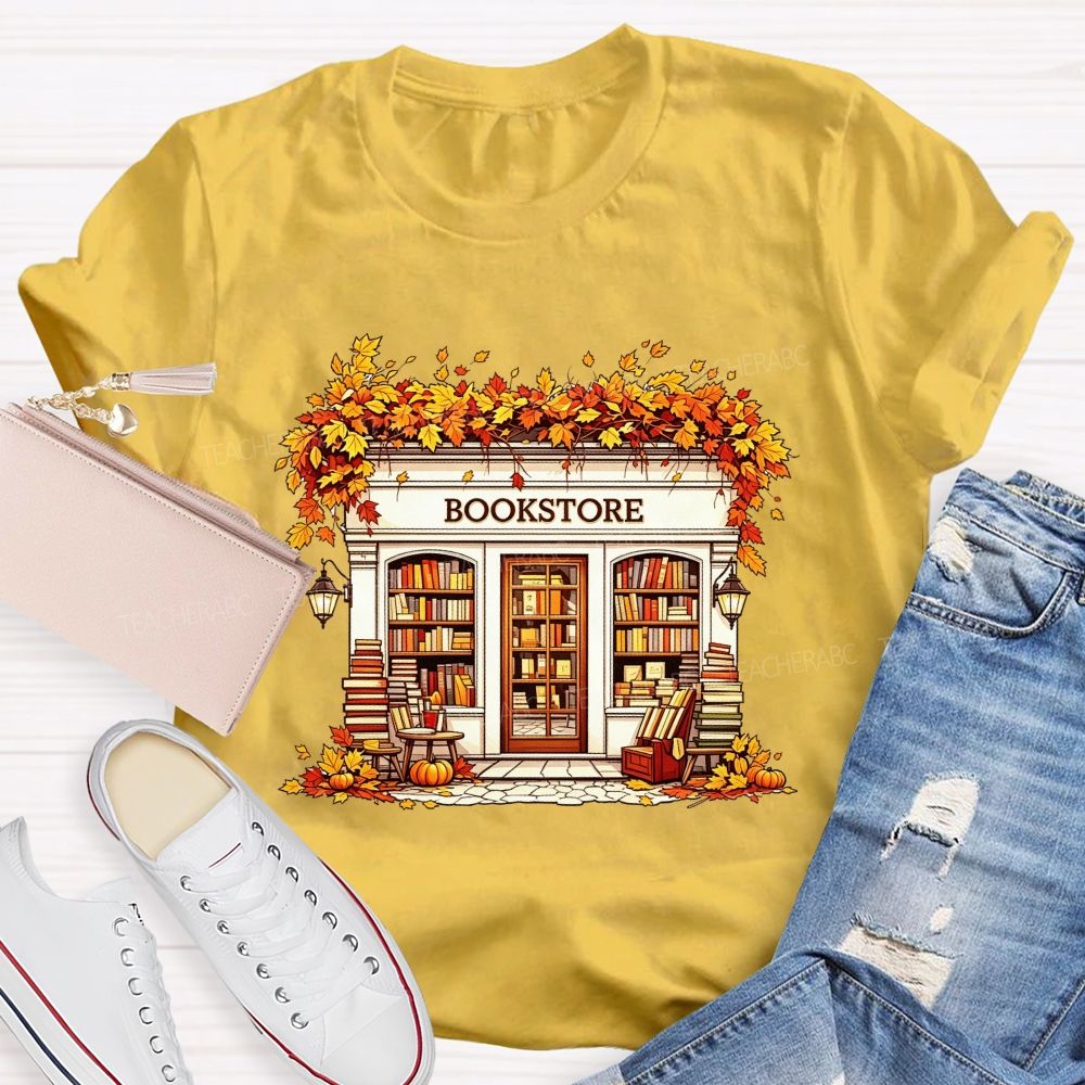 Fall Autumn Bookstore Building Maple Leaves Pumpkin Book Lover Teacher T-shirt