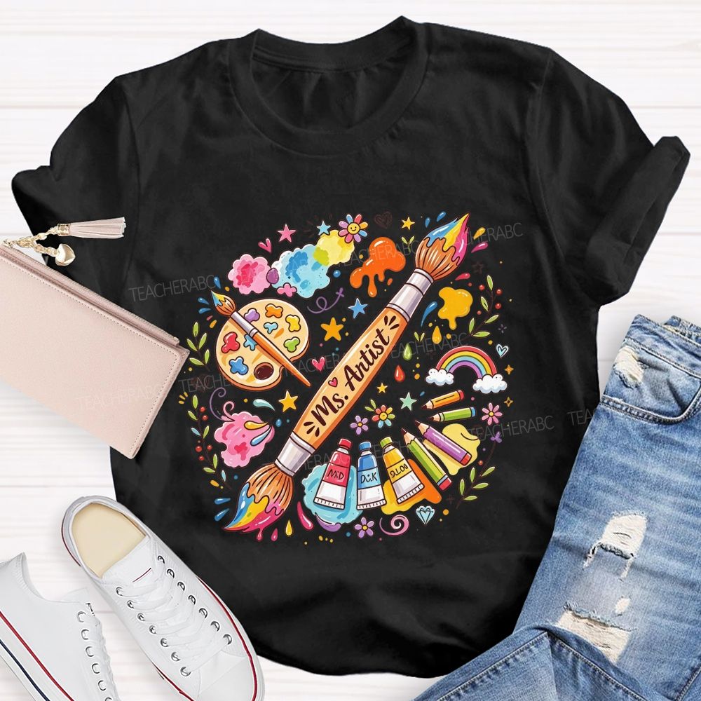 Personalized Name Art Teacher Paint Brush Doodle Teacher T-shirt
