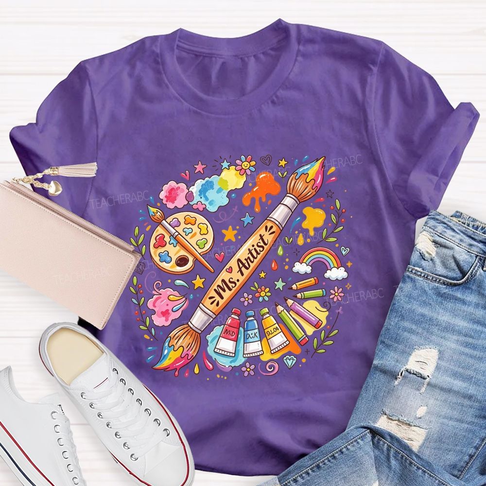 Personalized Name Art Teacher Paint Brush Doodle Teacher T-shirt