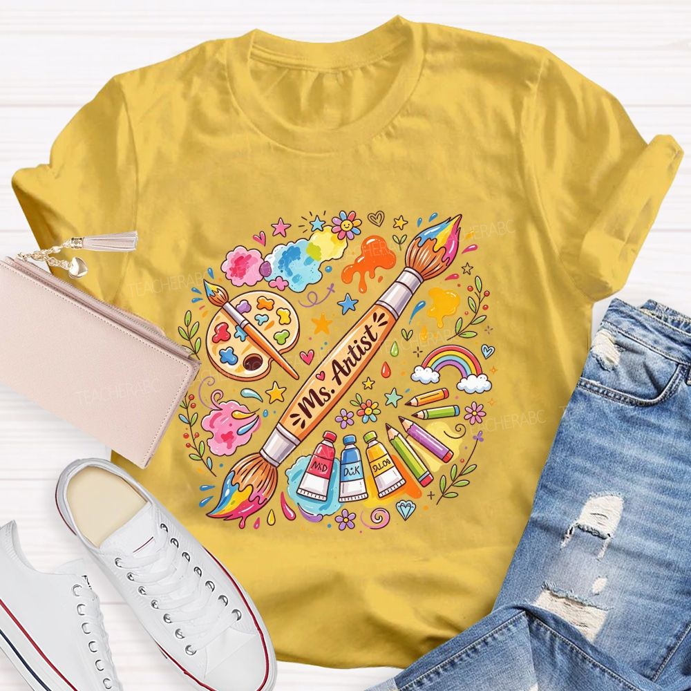 Personalized Name Art Teacher Paint Brush Doodle Teacher T-shirt