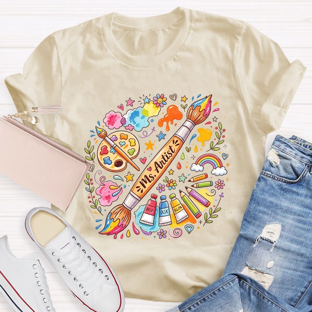 Personalized Name Art Teacher Paint Brush Doodle Teacher T-shirt