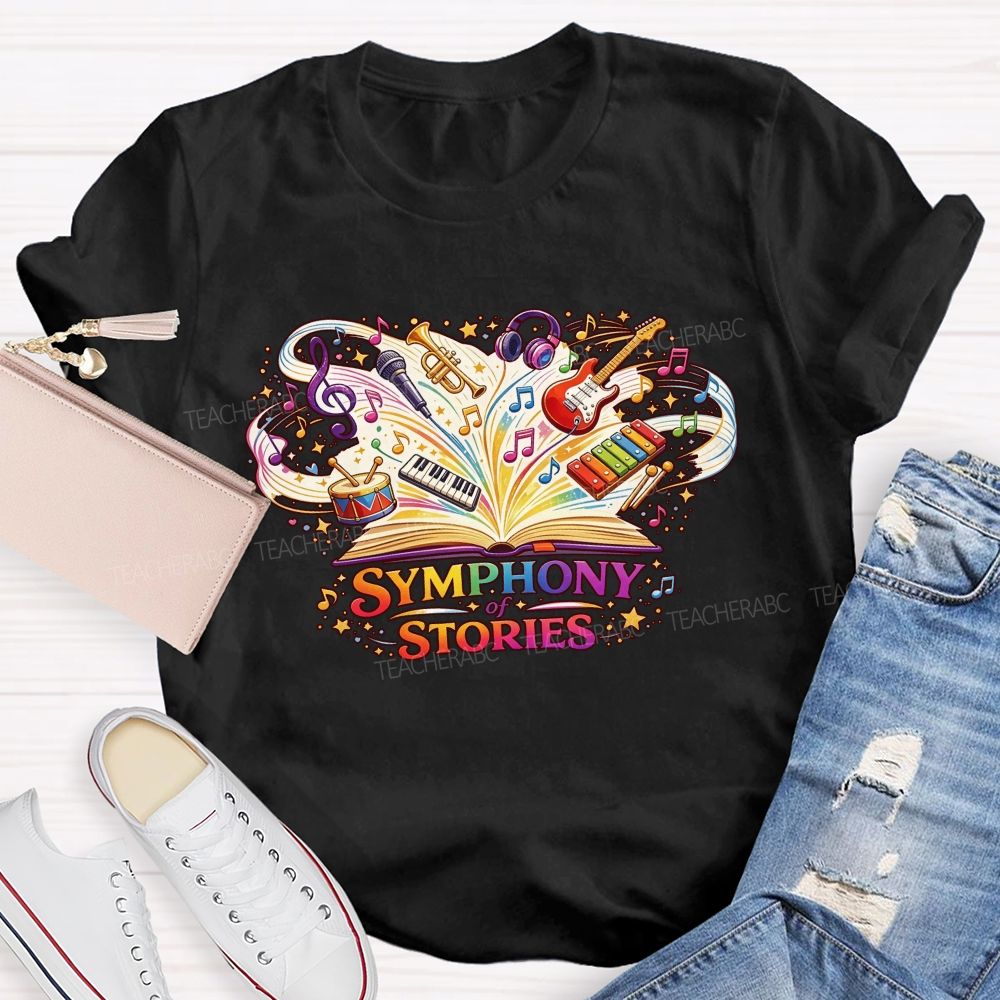 Symphony Of Stories Open Book Musical Instruments Reading Teacher T-shirt