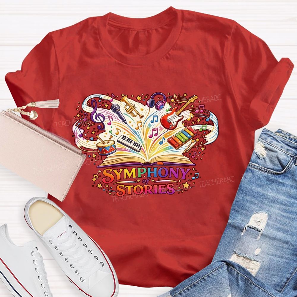 Symphony Of Stories Open Book Musical Instruments Reading Teacher T-shirt