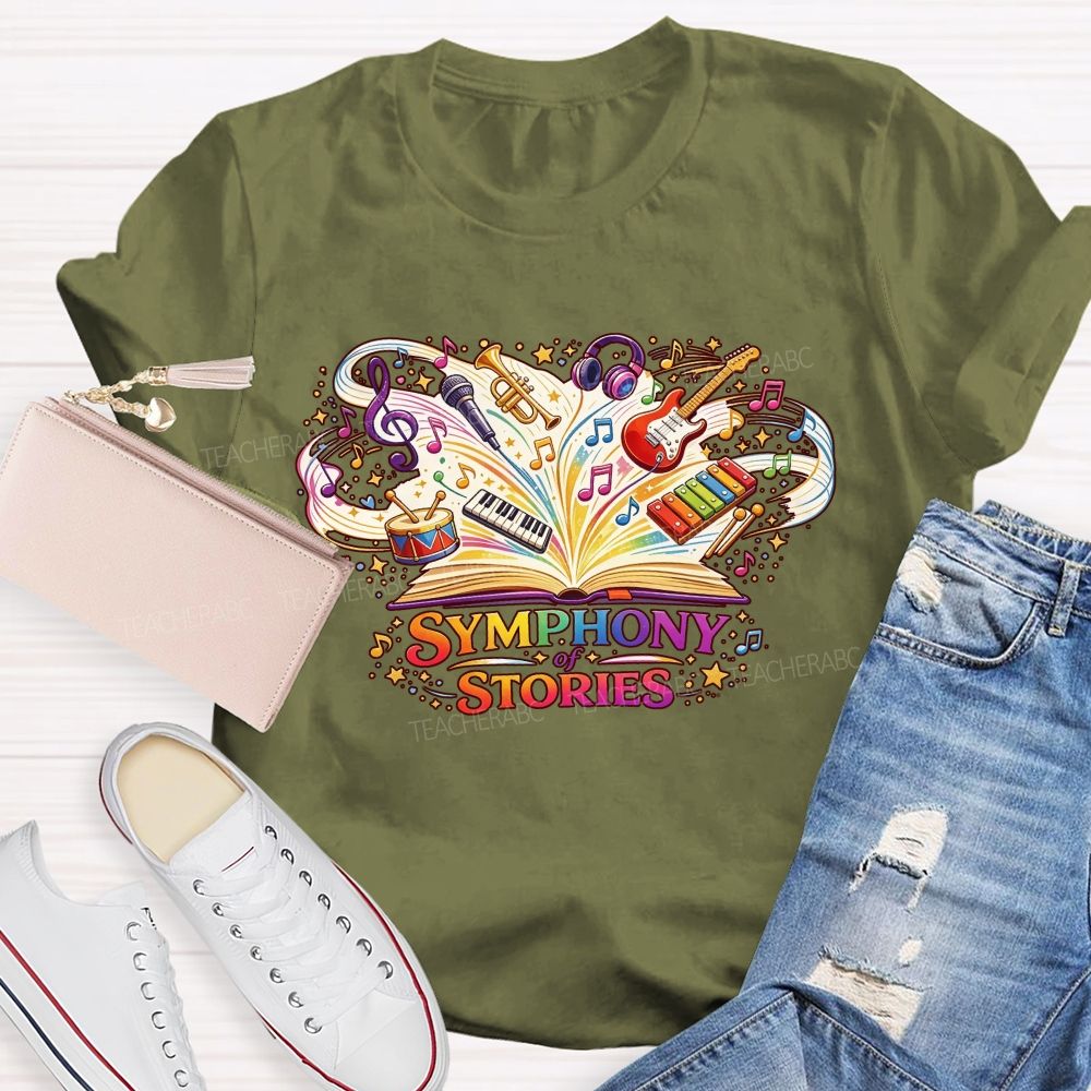 Symphony Of Stories Open Book Musical Instruments Reading Teacher T-shirt