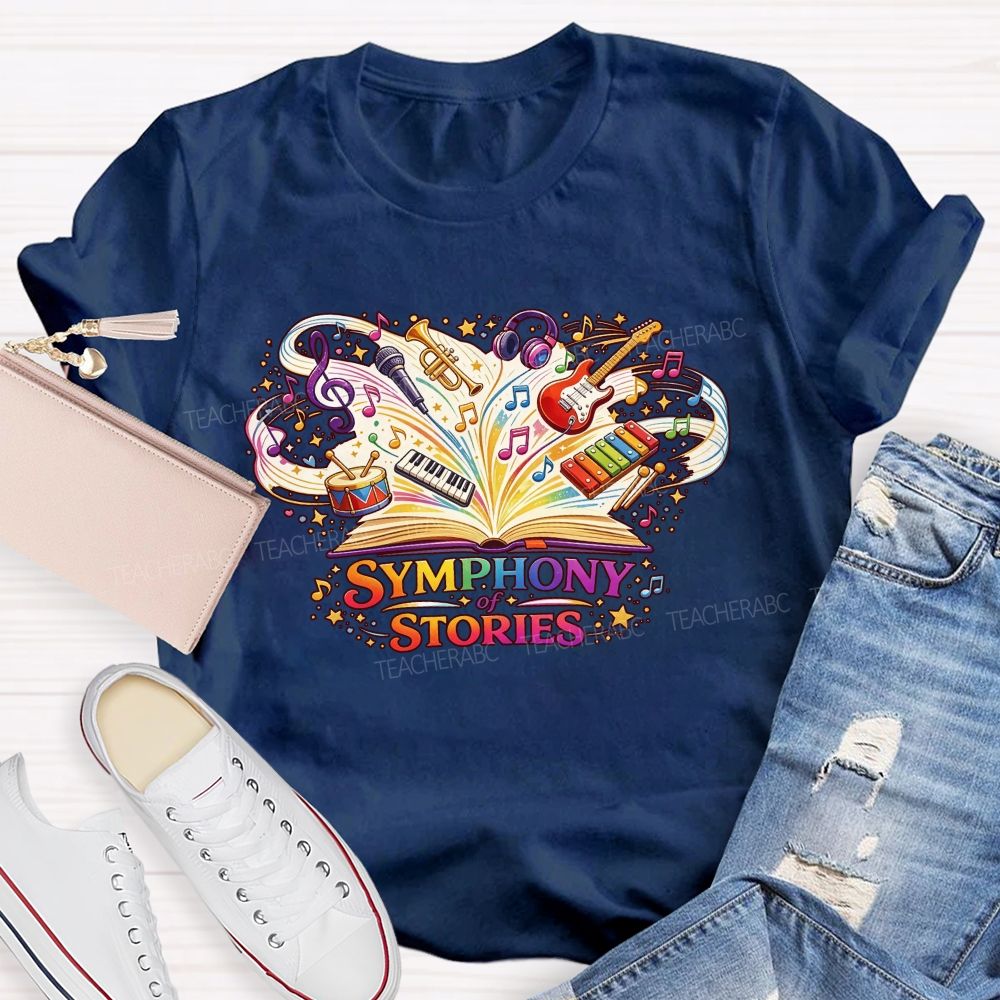 Symphony Of Stories Open Book Musical Instruments Reading Teacher T-shirt