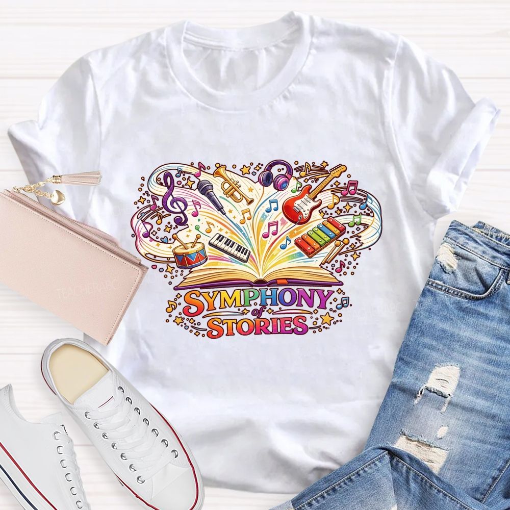 Symphony Of Stories Open Book Musical Instruments Reading Teacher T-shirt