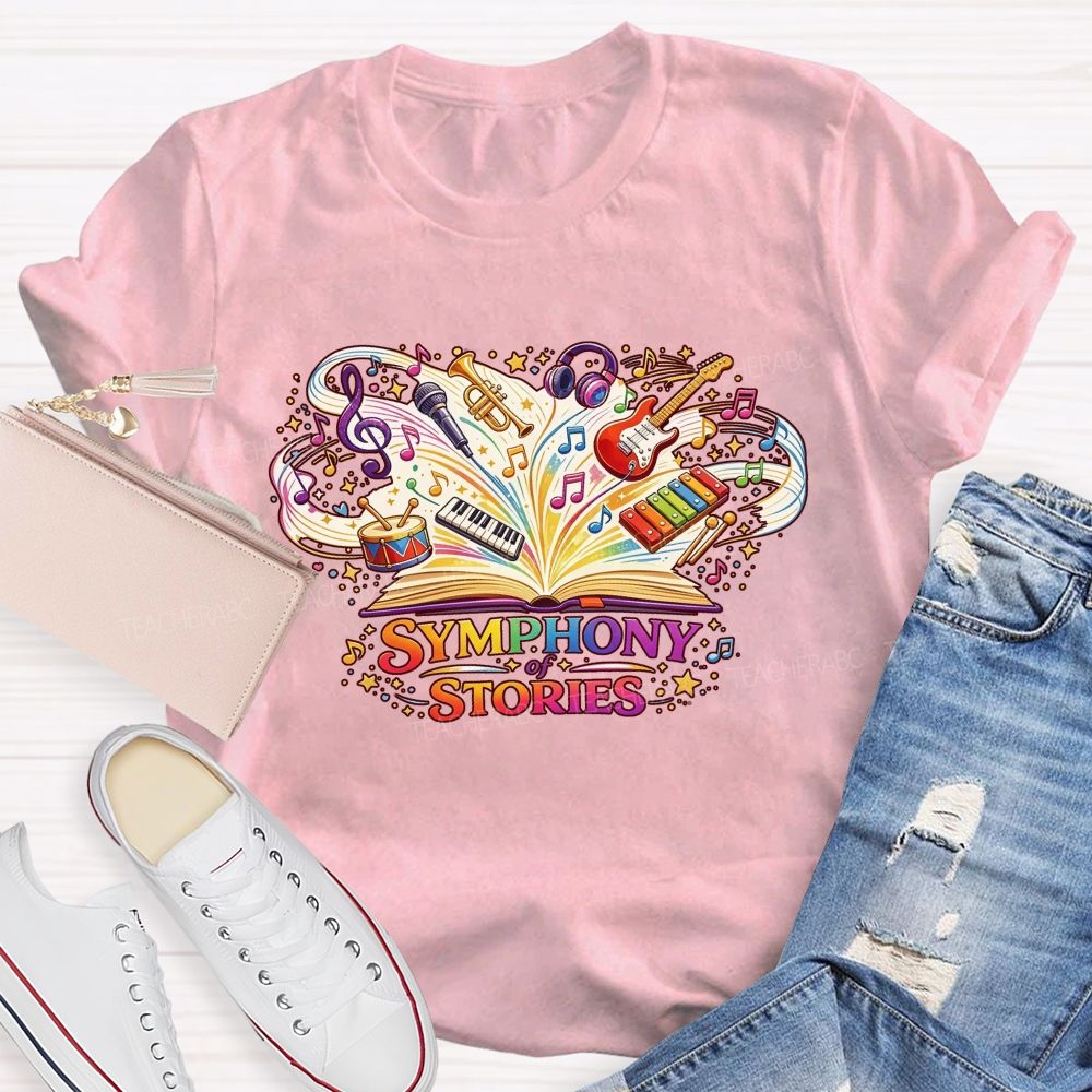 Symphony Of Stories Open Book Musical Instruments Reading Teacher T-shirt