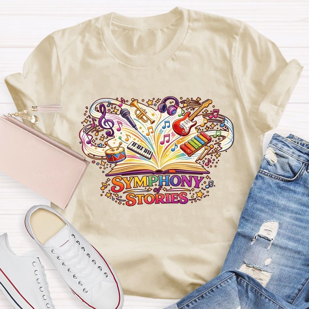 Symphony Of Stories Open Book Musical Instruments Reading Teacher T-shirt