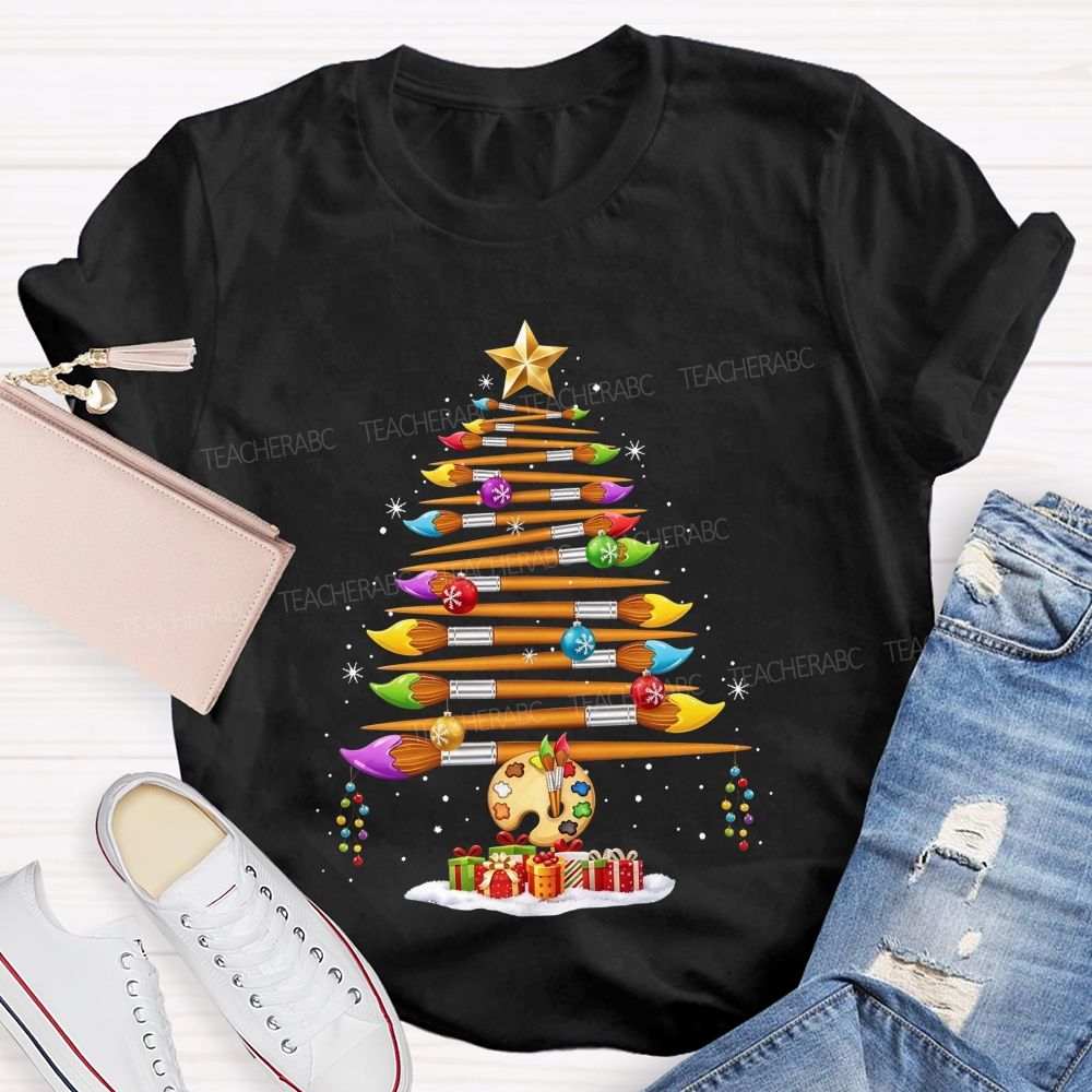 Artist Paintbrush Christmas Tree Palette Holiday Art Teacher T-shirt