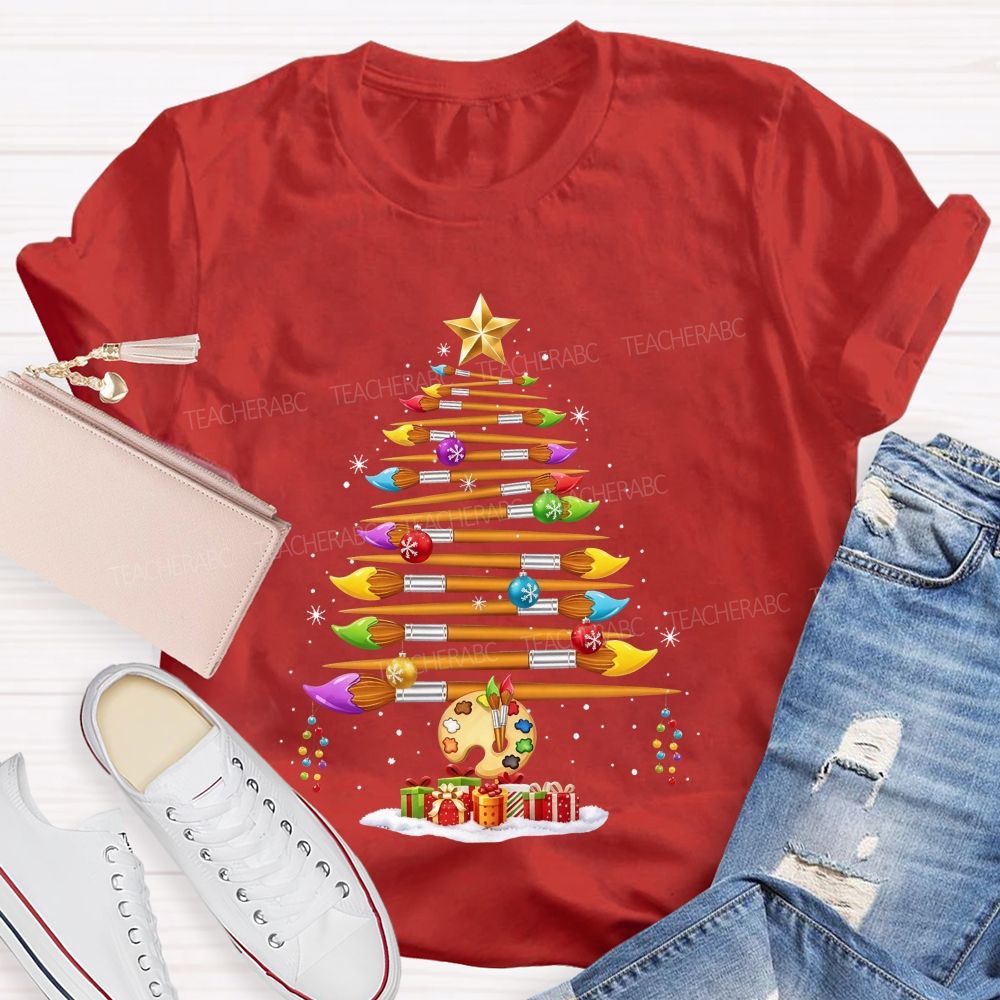 Artist Paintbrush Christmas Tree Palette Holiday Art Teacher T-shirt