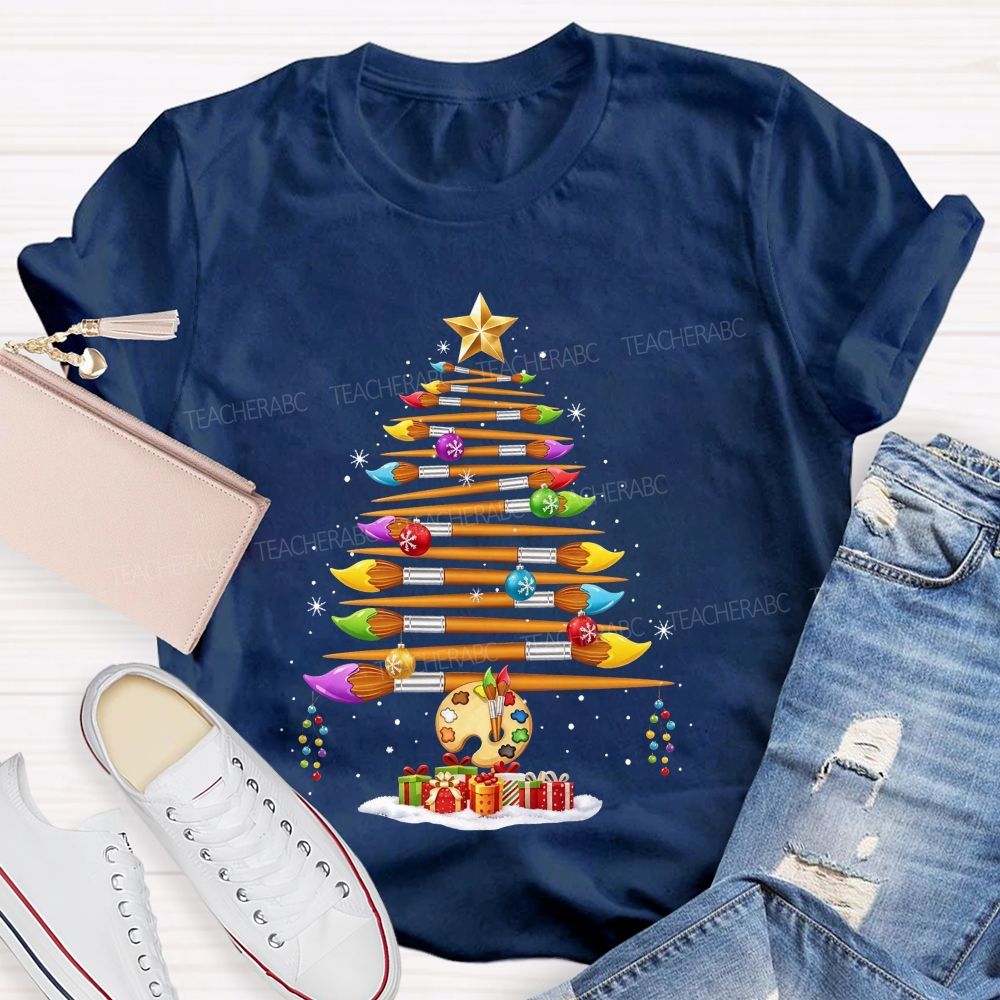 Artist Paintbrush Christmas Tree Palette Holiday Art Teacher T-shirt