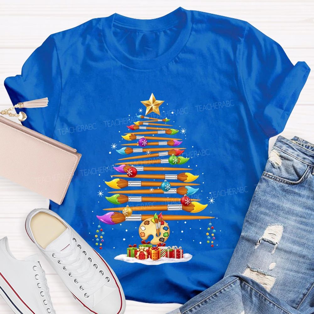 Artist Paintbrush Christmas Tree Palette Holiday Art Teacher T-shirt