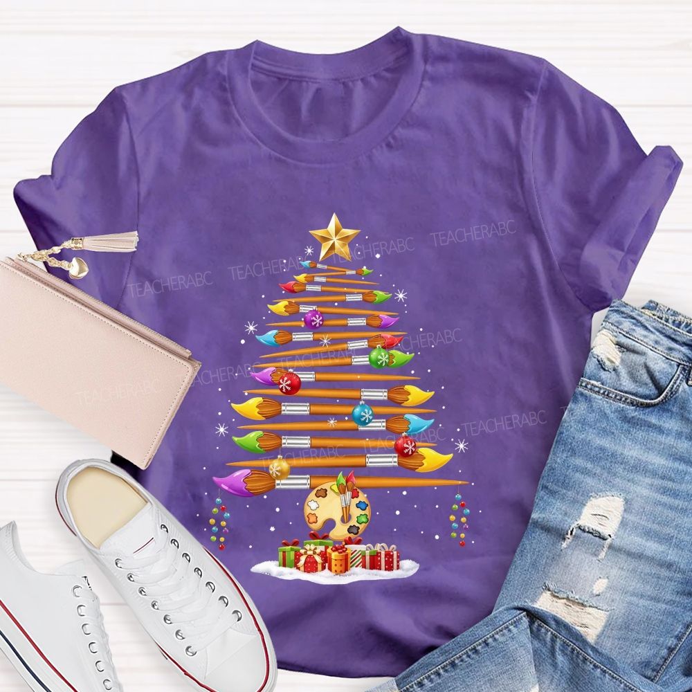 Artist Paintbrush Christmas Tree Palette Holiday Art Teacher T-shirt