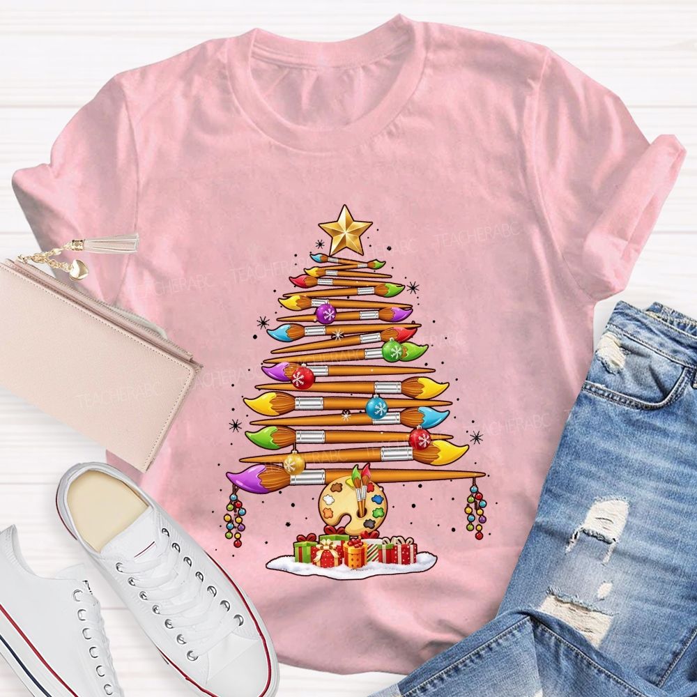 Artist Paintbrush Christmas Tree Palette Holiday Art Teacher T-shirt