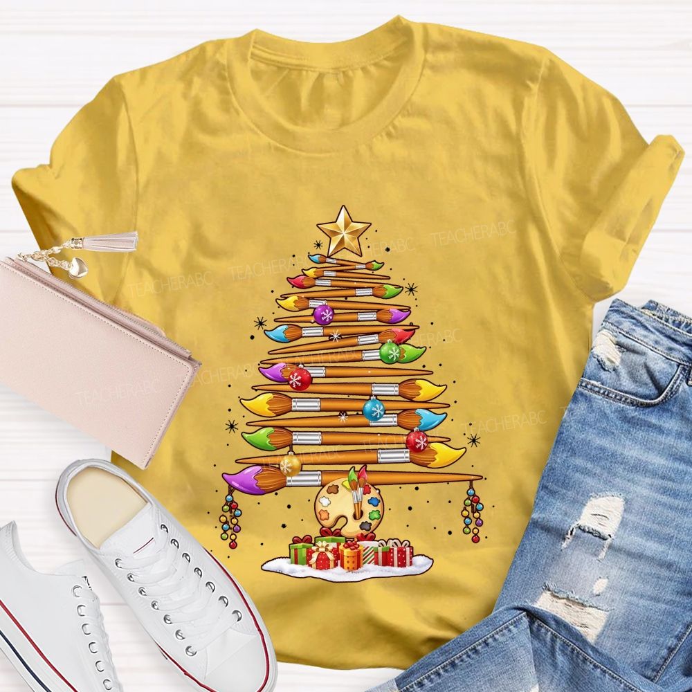 Artist Paintbrush Christmas Tree Palette Holiday Art Teacher T-shirt