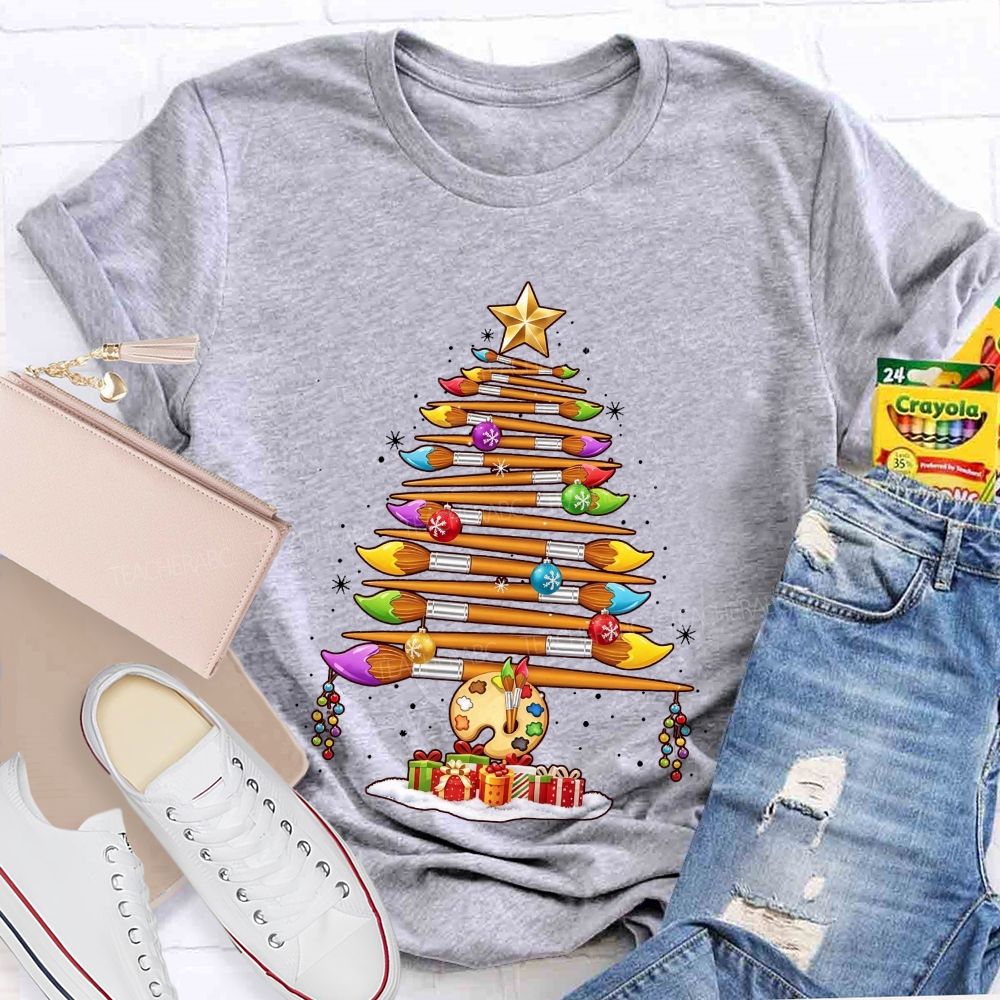 Artist Paintbrush Christmas Tree Palette Holiday Art Teacher T-shirt