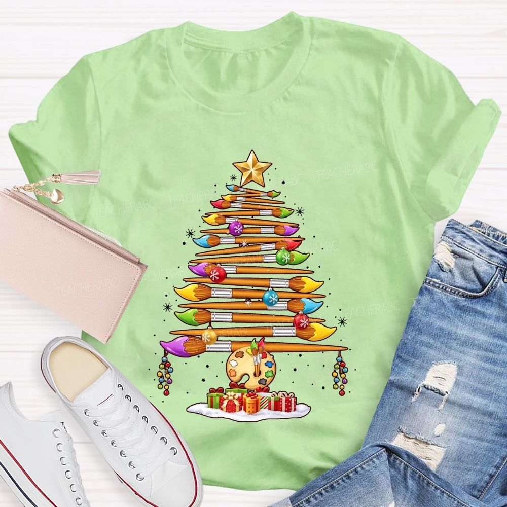 Artist Paintbrush Christmas Tree Palette Holiday Art Teacher T-shirt