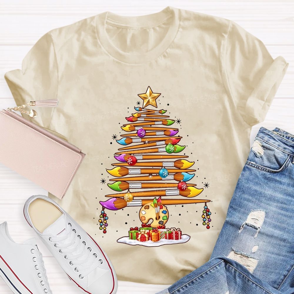 Artist Paintbrush Christmas Tree Palette Holiday Art Teacher T-shirt