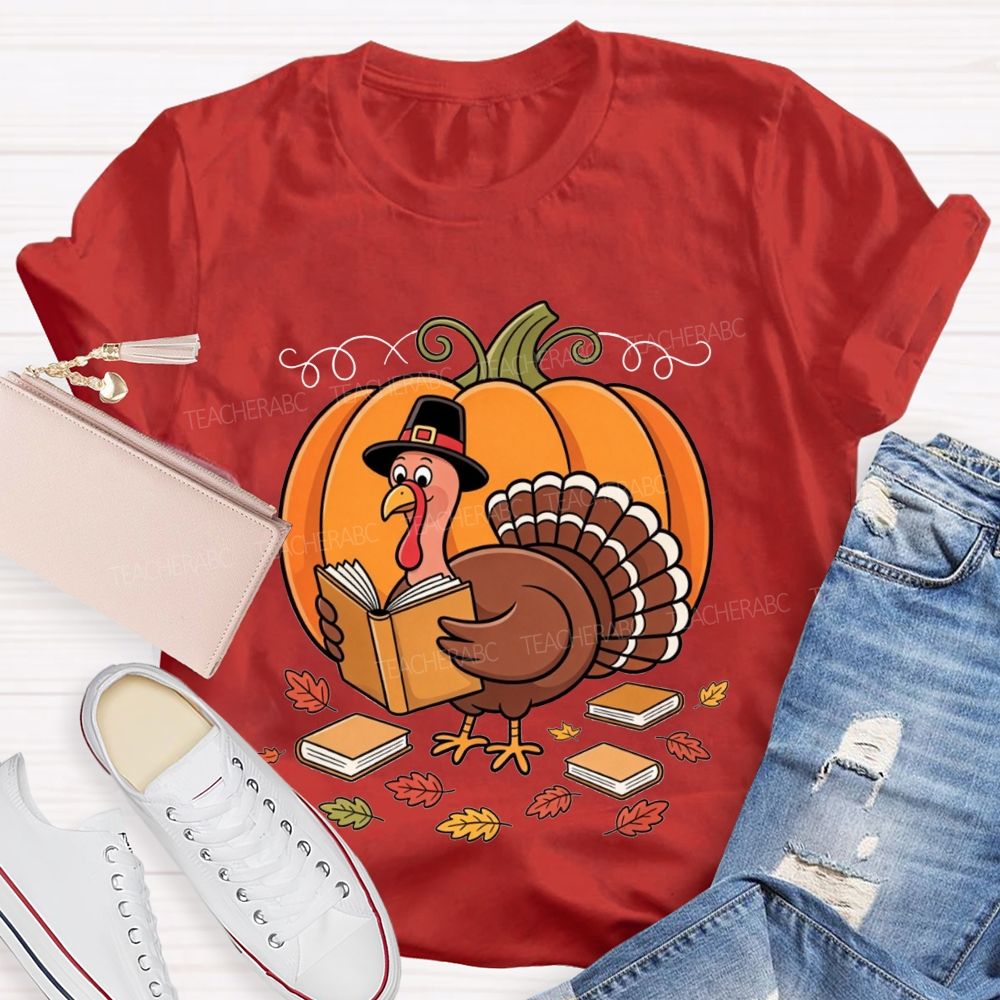 Thanksgiving Teacher Turkey Loves Reading Books T-shirt