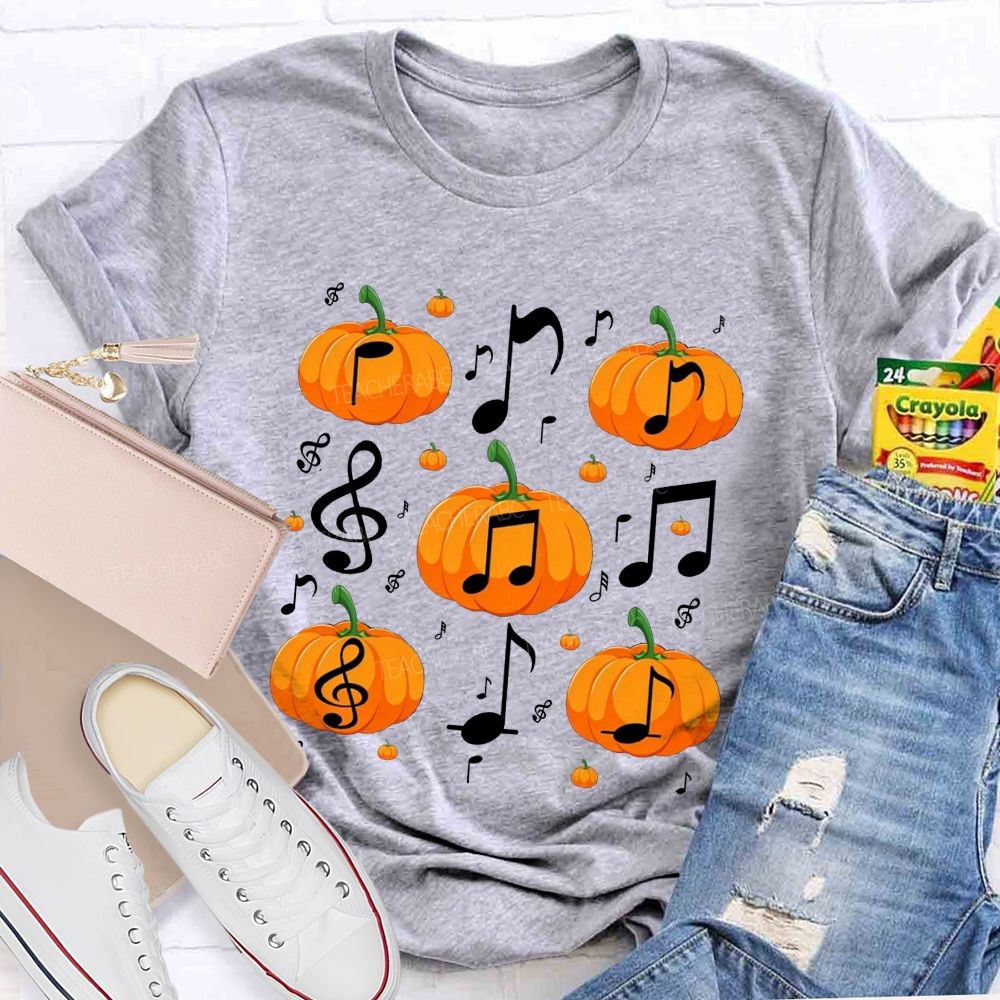 Fall Vibes With Pumpkins And Music Notes Teacher T-shirt