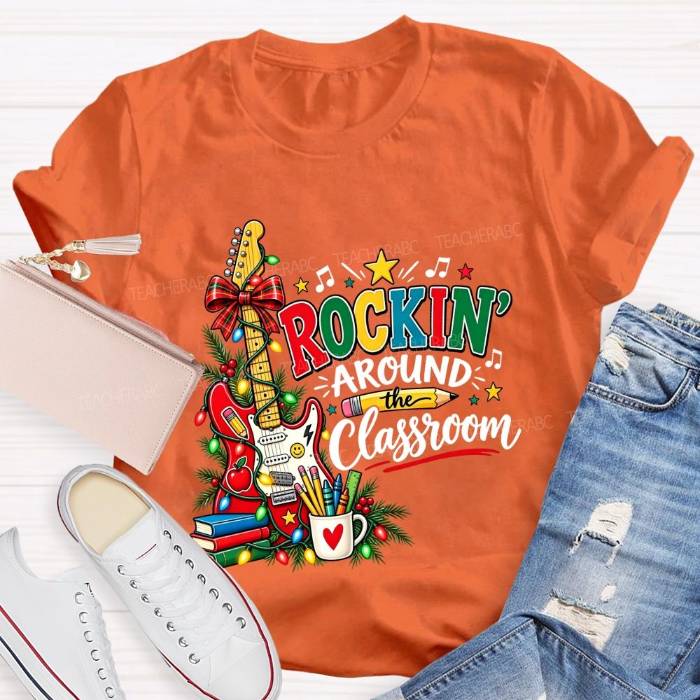Rockin Around The Classroom Christmas Teacher Guitar T-shirt
