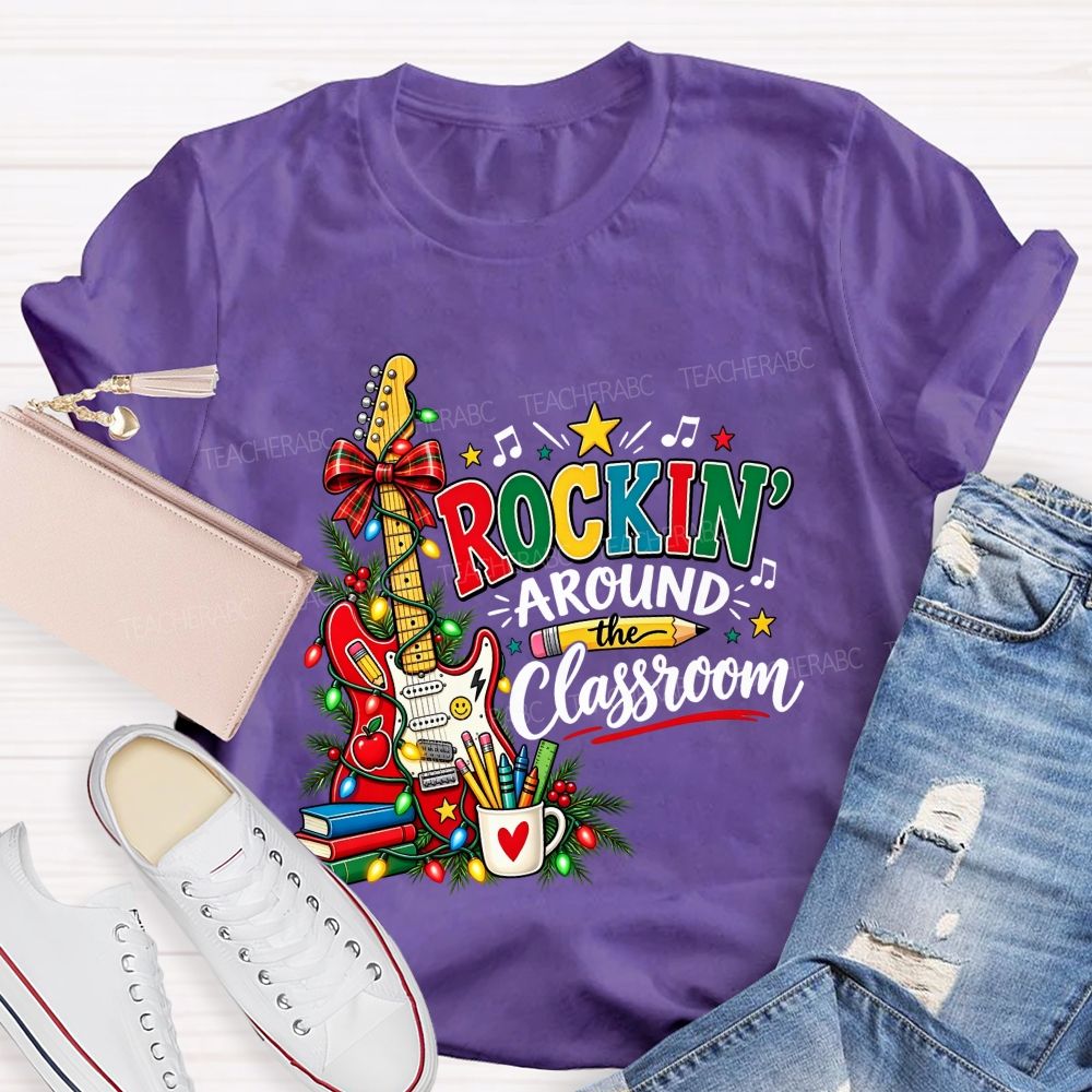 Rockin Around The Classroom Christmas Teacher Guitar T-shirt