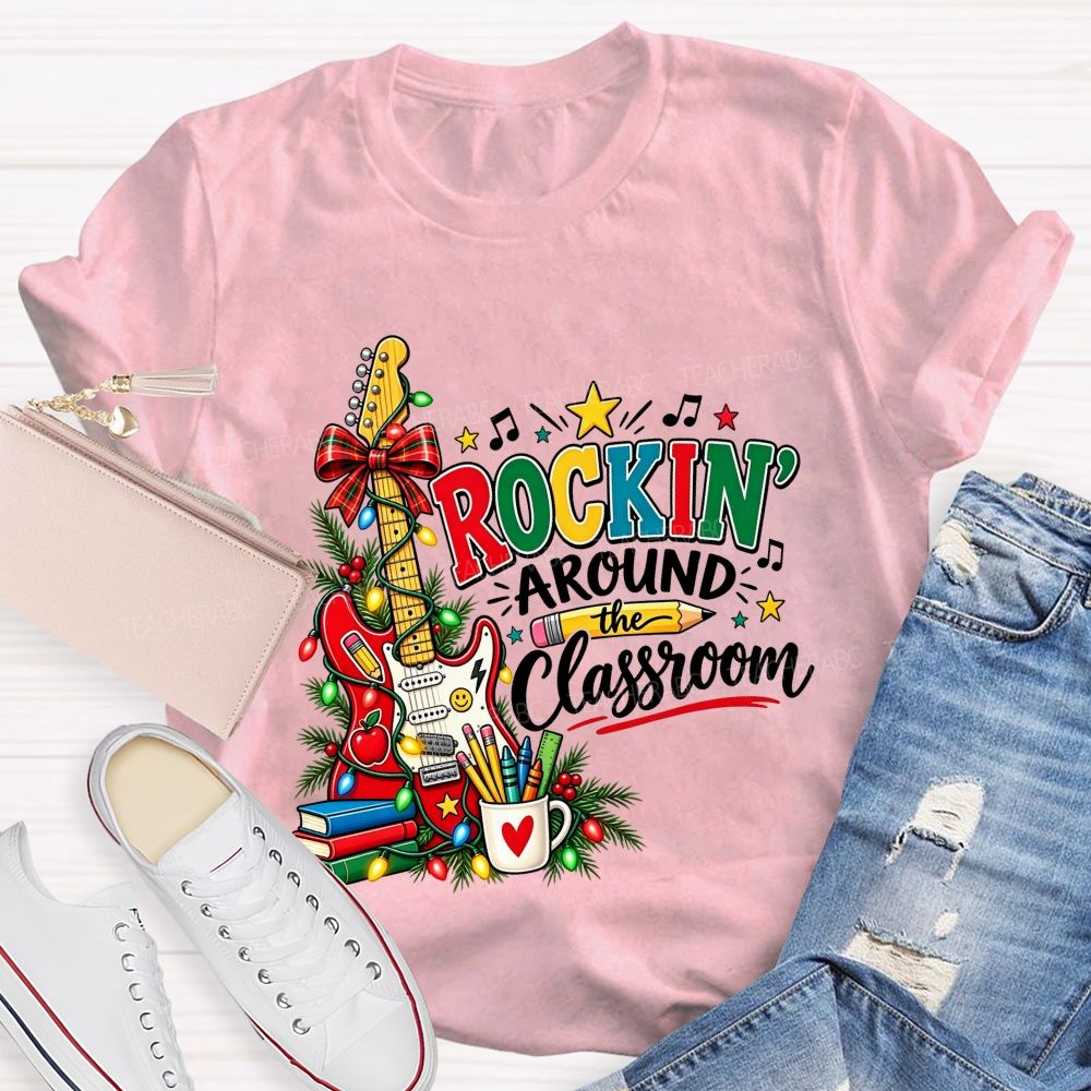 Rockin Around The Classroom Christmas Teacher Guitar T-shirt