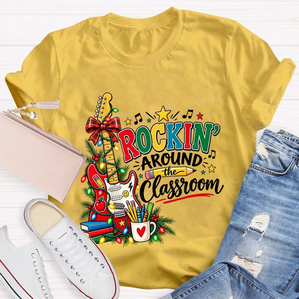 Rockin Around The Classroom Christmas Teacher Guitar T-shirt