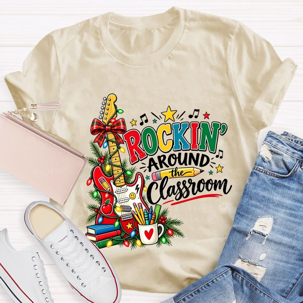 Rockin Around The Classroom Christmas Teacher Guitar T-shirt