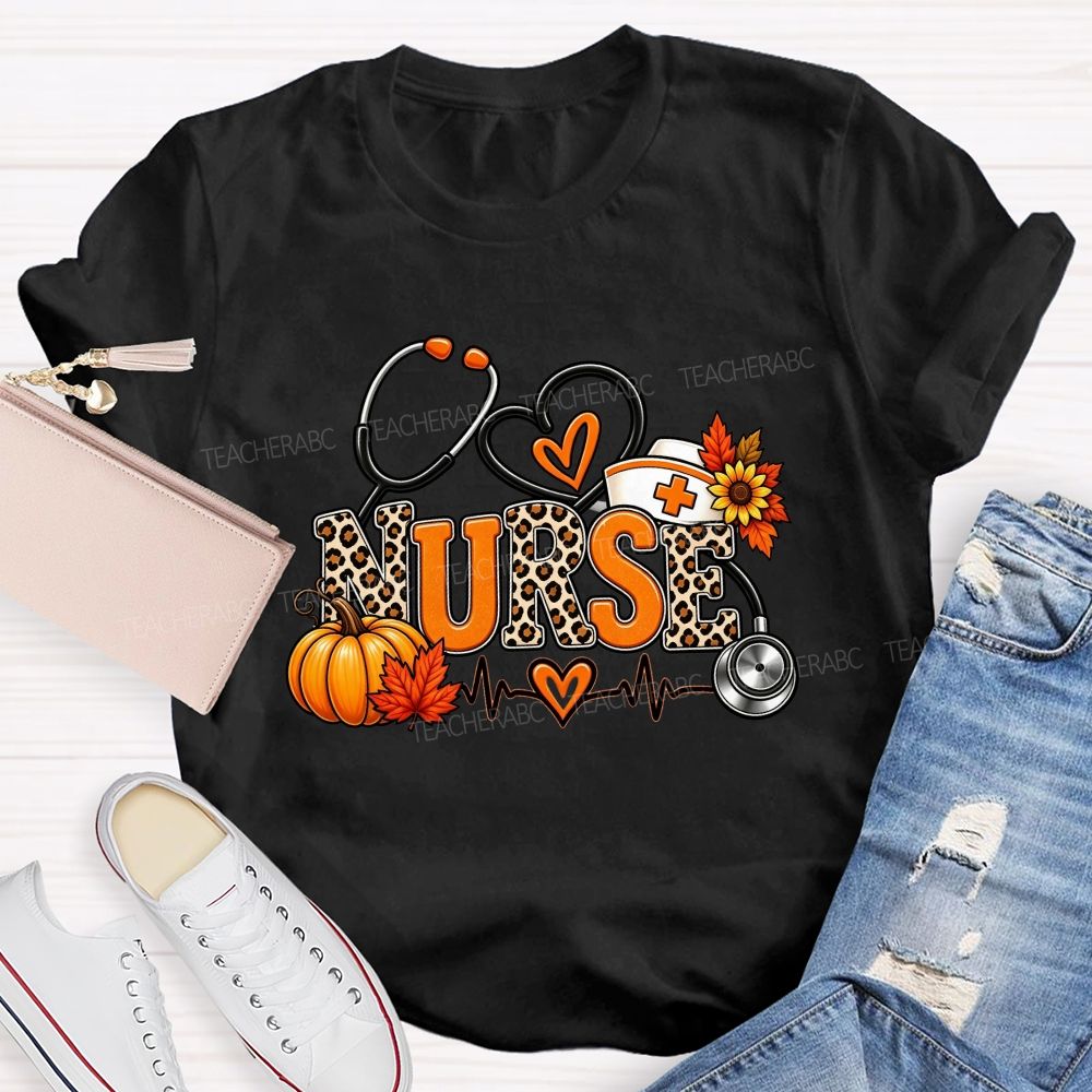 Fall Nurse Leopard Stethoscope Heartbeat T-shirt