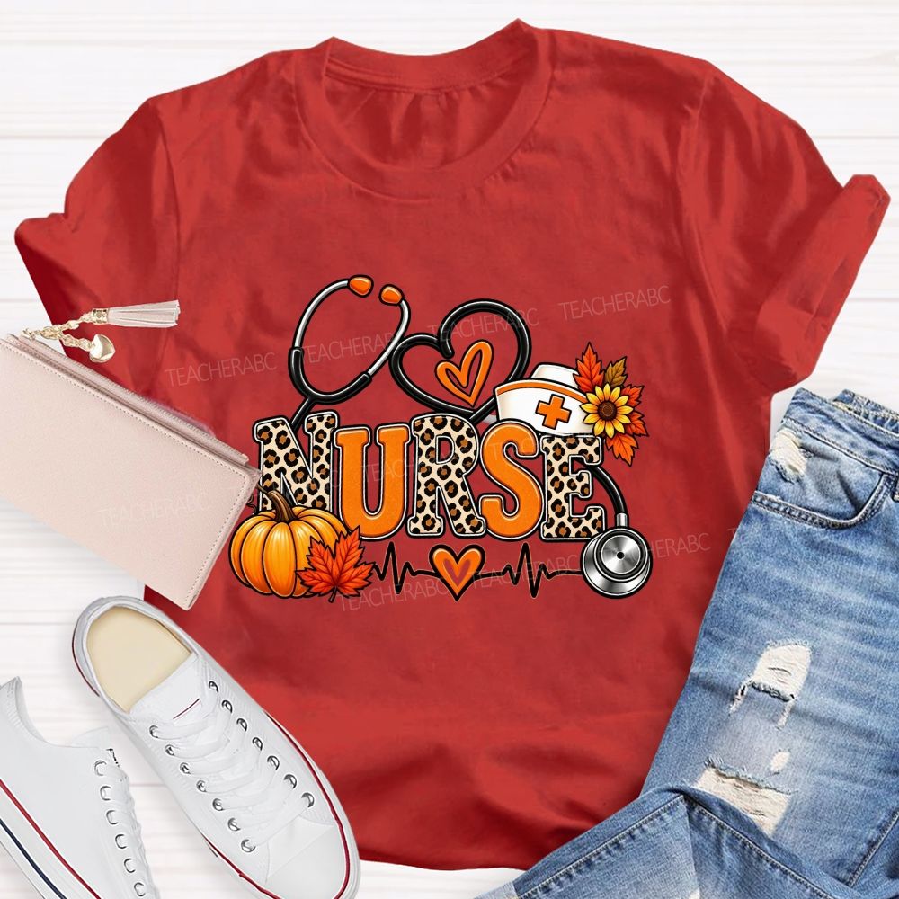Fall Nurse Leopard Stethoscope Heartbeat T-shirt