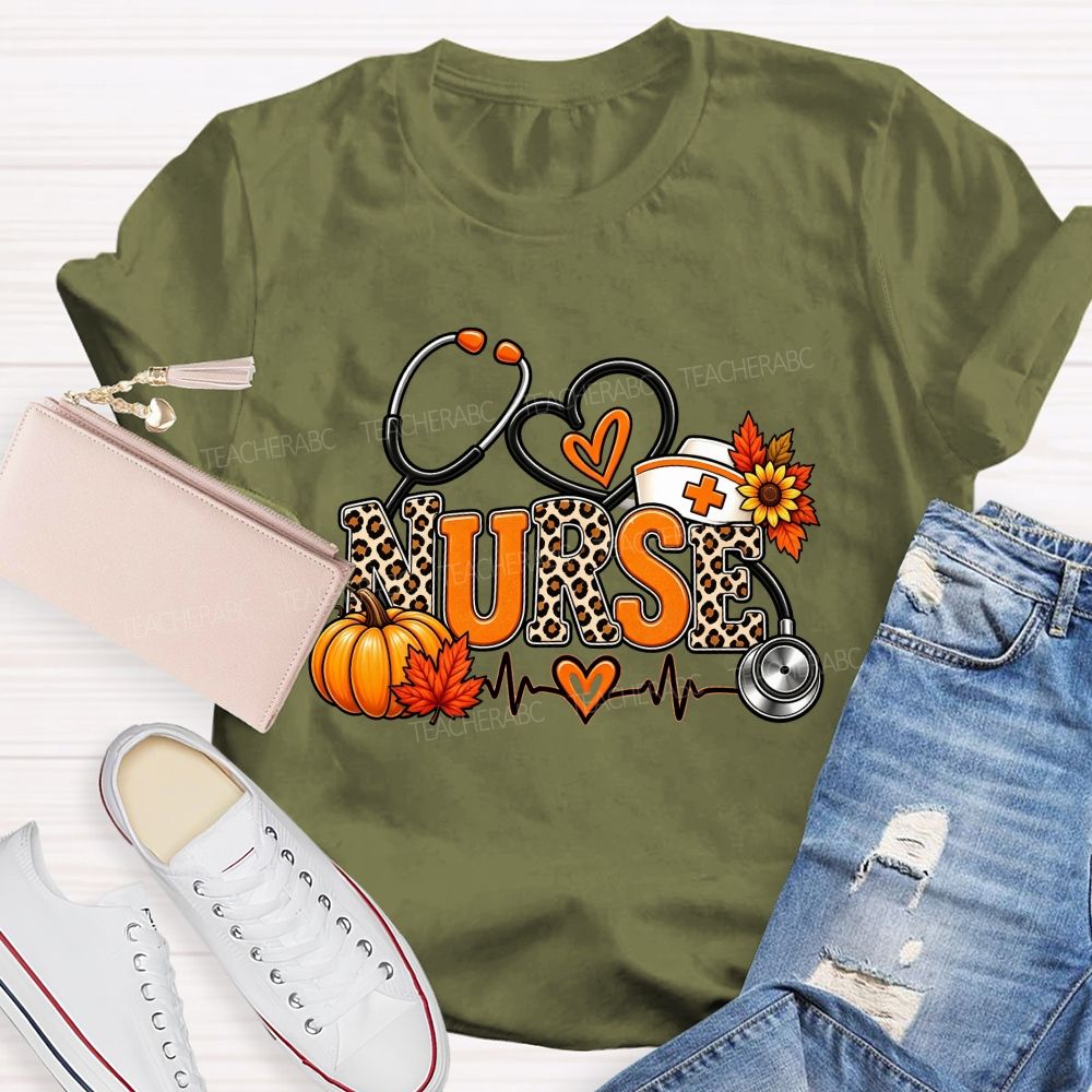 Fall Nurse Leopard Stethoscope Heartbeat T-shirt